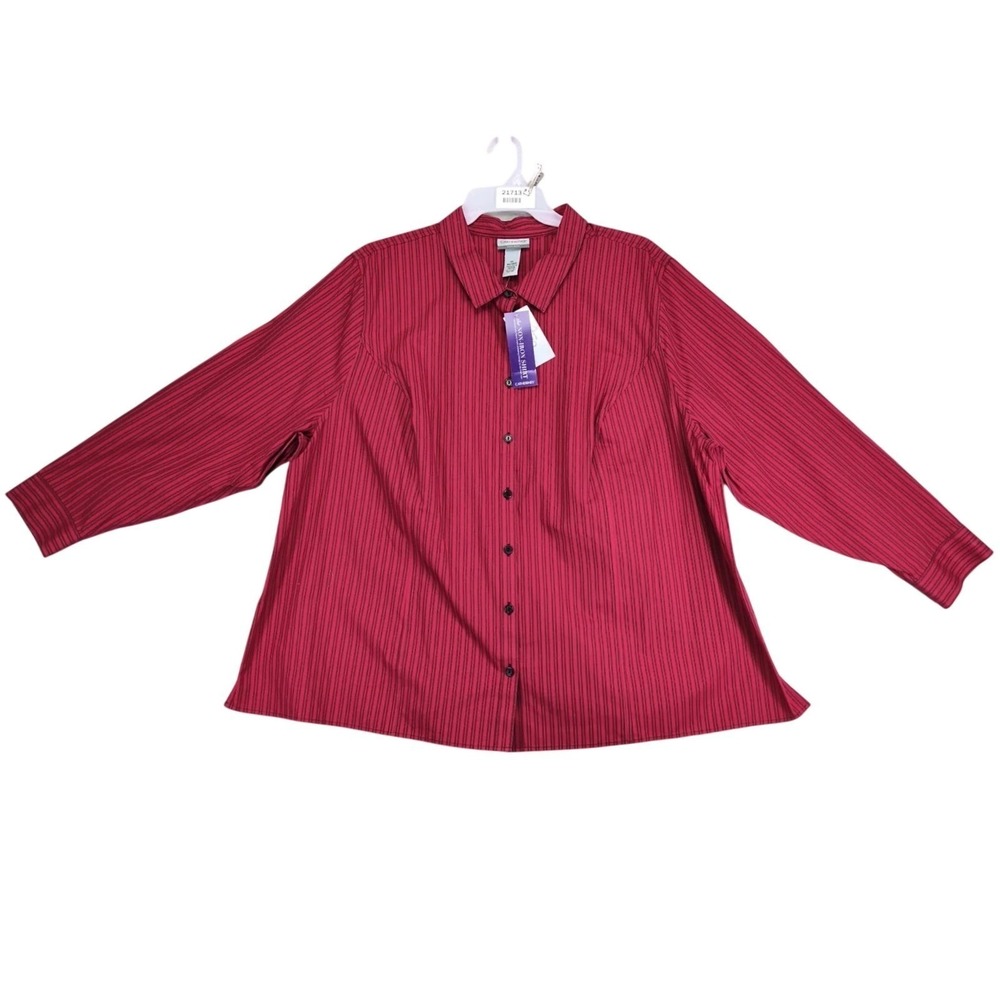 NWT Catherines Red Black Striped Blouse Womens 3X Non-Iron Cotton Button Front